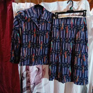 No tags homemade? Vintage skirt blouse set blue pattern small see measurements